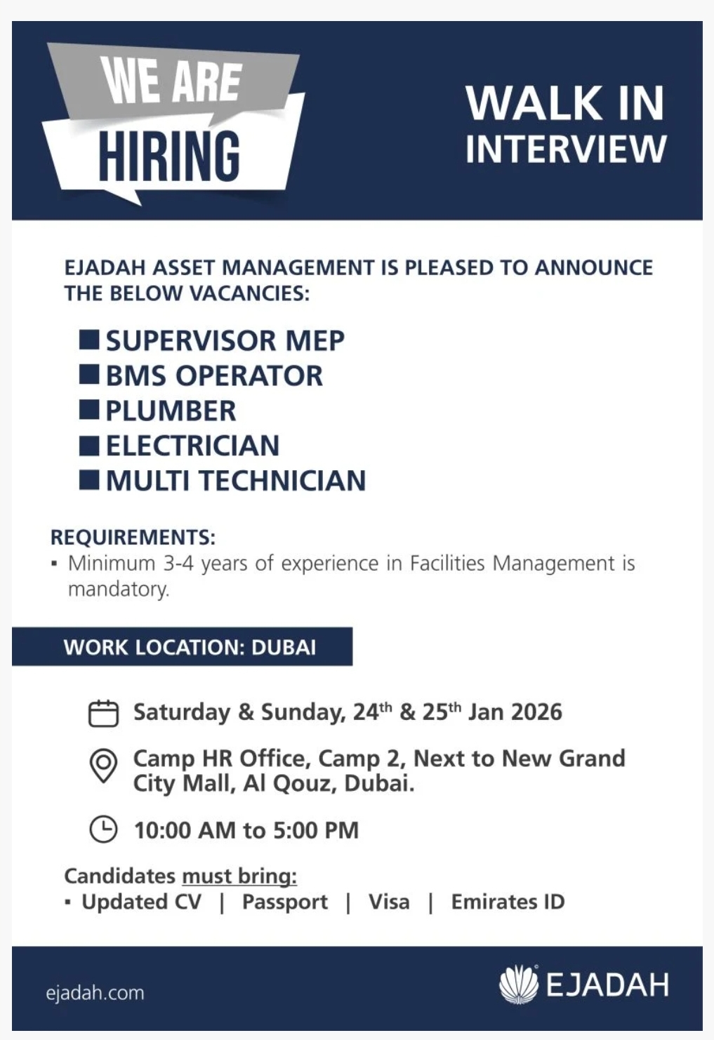 Ejadah Assest Management  walk– in– Interview  Dubai 2026